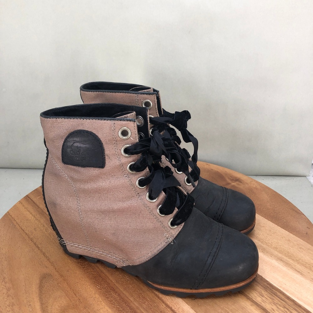 Sorel PDX Premium Wedge Booties Womens 8 Black Brown Canvas Leather Lace Up
